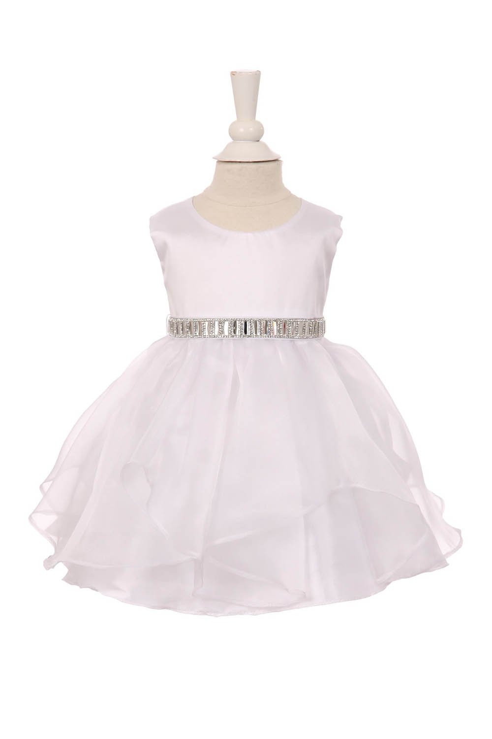 White elegant and cute cascade layers organza taffeta dress with detachable rhinestone belt
